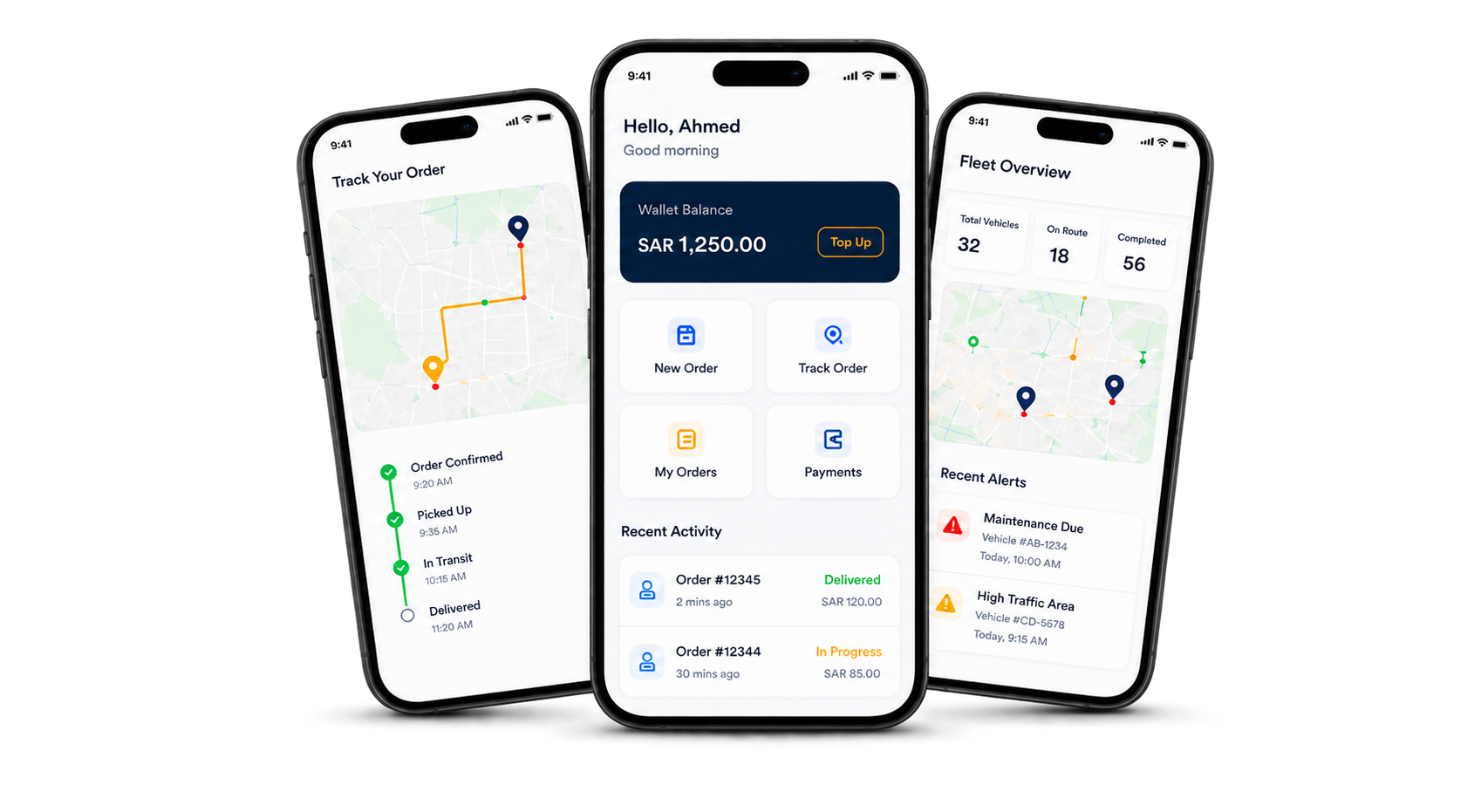 Three phones showing Logisti delivery tracking, order management, and fleet tools